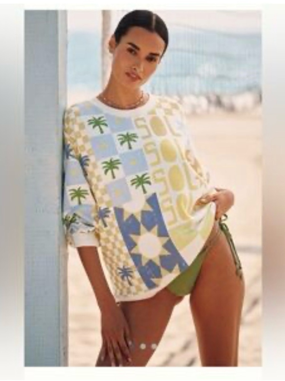 Coastal Graphic Palm-Print Sweatshirt in White, Blue & Green by Anthropologie